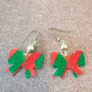 Festive Red and Green Bow Earrings